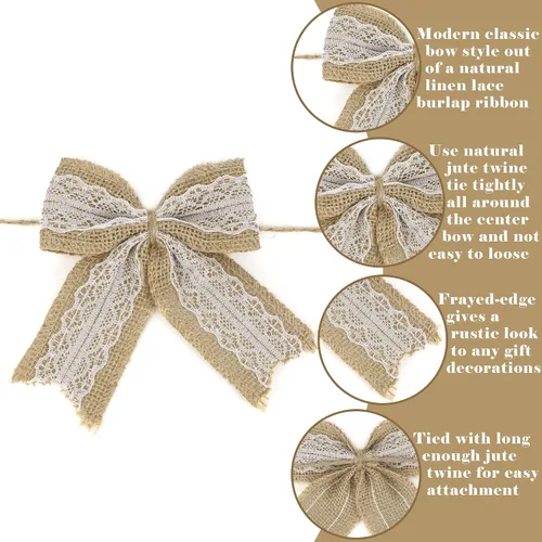 Vista 3 de AIMUDI Lazos de encaje de arpillera natural de 4 pulgadas, lazos rústicos de arpillera para decoración de árbol de Navidad, lazos de boda de encaje