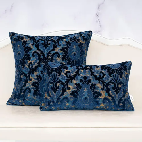 Vista 3 de Alerfa - Funda de almohada decorativa boho azul floral de terciopelo, 18x18 pulgadas, lujosa, bordada, funda de cojín cuadrada para sofá, sala