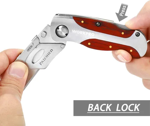 Vista 4 de WORKPRO - Cuchillo de uso de cambio rápido, mango de madera estilo retro, cuchillo plegable con clip