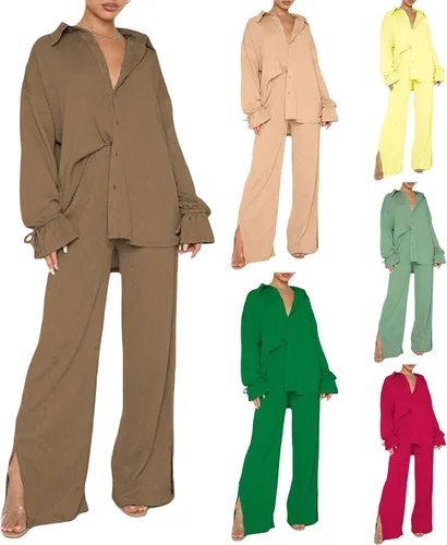 Vista 5 de Conjunto casual de 2 piezas para mujer, camisa con botones gráficos sólidos y pantalones palazzo de pierna ancha y cintura alta y pantalones cortos