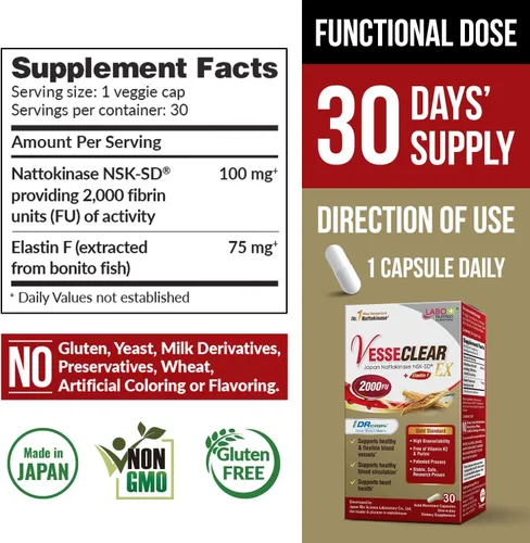 Vista 2 de LABO Nutrition VesseCLEAR EX: Nattokinase NSK-SD+Elastina F para Vasos Sanguíneos Limpios y Flexibles. Japón con la Mayor Prueba de Investigación