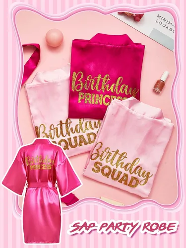Vista 6 de 7 batas de cumpleaños para escuadrón de cumpleaños, batas de princesa, batas de fiesta con flores, bata de seda satinada para niñas, suministros