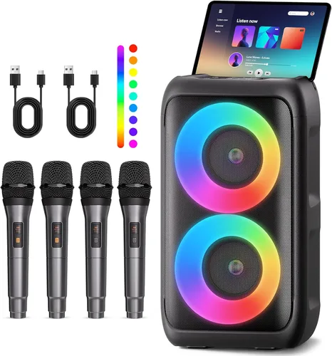Vista 10 de Altavoz Bluetooth con 2 micrófonos inalámbricos recargables, altavoz portátil para fiesta con luces de colores, altavoces de pie compatibles