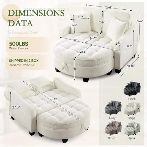 Vista 2 de JEEOHEY Chaise Lounge Chair para interiores, silla de sofá de chenilla de gran tamaño con otomana de almacenamiento y respaldo ajustable, sofá