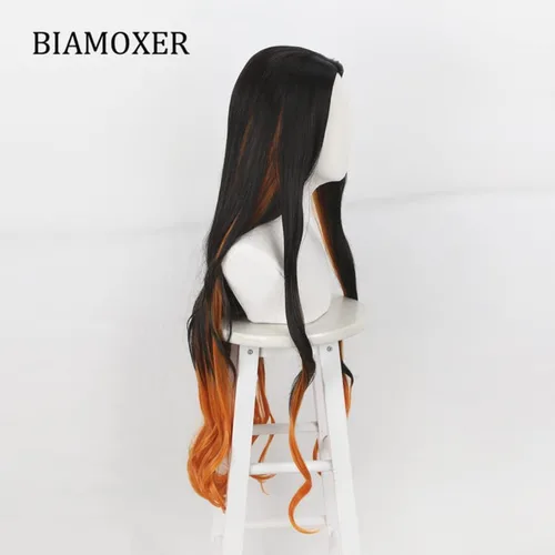 Vista 4 de Peluca de cosplay de 37.4in Nezuko Kamado Cosplay Pelucas Anime Demon Slayer Kimetsu no Yaiba Peluca de pelo largo degradado Cosplay