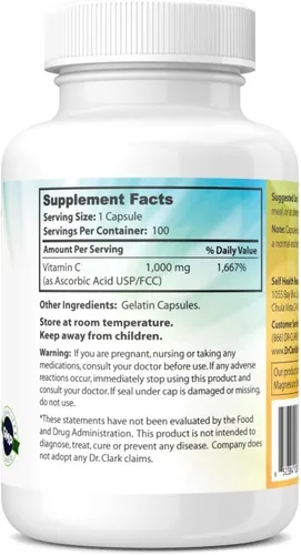 Vista 2 de Dr Clark Store Suplemento de vitamina C de 1000 mg, 100 cápsulas de gelatina (suministro de 100 días), apoya la función cerebral, apoyo