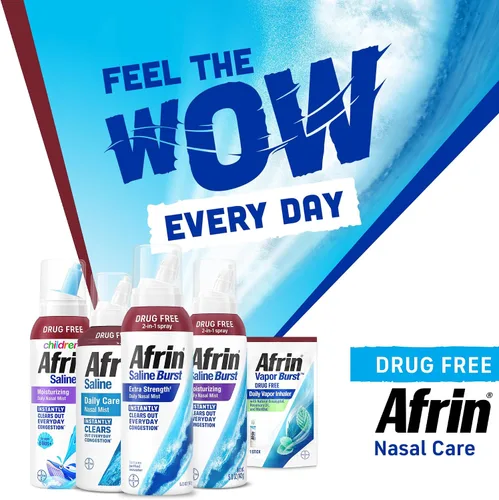 Vista 8 de Afrin Bruma salina hidratante para niños para congestión nasal diaria y nariz seca, espray salino isotónico de agua de mar para bebés de más de 6