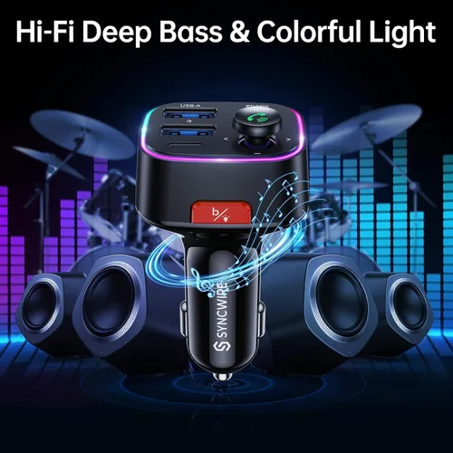 Vista 4 de Syncwire Bluetooth 5.4 Transmisor FM Adaptador de coche 48W (PD 36W y 12W) [Interruptor de luz] [Sonido de bajo HiFi] [Carga rápida] Adaptador