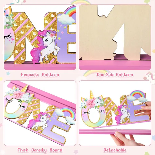Vista 3 de Decoraciones de cumpleaños de unicornio, letrero de una letra de unicornio para el primer cumpleaños, centro de mesa de madera de una mesa