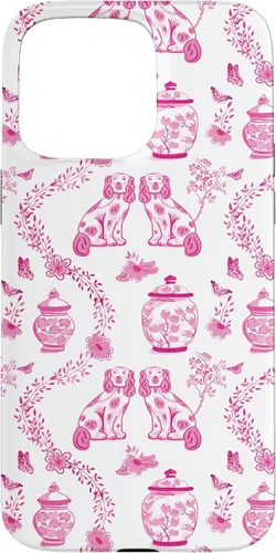 Vista 31 de Preppy - Carcasa para iPhone 16, diseño de perros y tarros de jengibre, color rosa y blanco