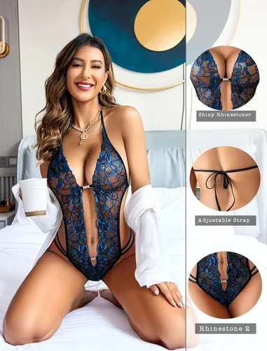 Vista 19 de Avidlove - Body de lencería de una pieza para mujer, diseño de encaje sexy con escote en V profundo, babydoll, ropa de dormir, tallas XS a XXXL