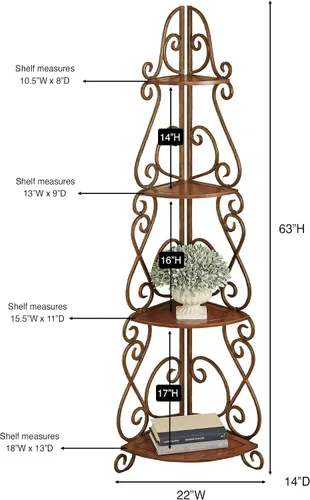 Vista 3 de Touch of Class Meyda Scrolling Corner Shelf Etagere Madera de cerezo natural, marco de metal con acabado de bronce, estante de esquina que ahorra