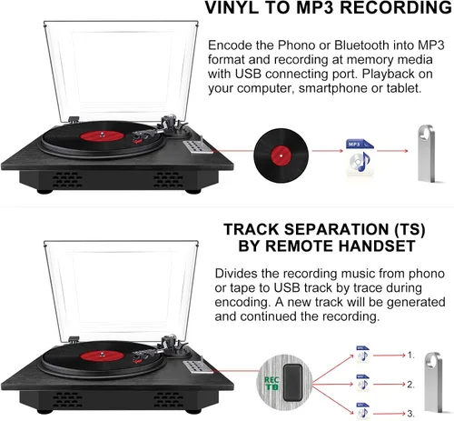 Vista 5 de Tocadiscos de vinilo, tocadiscos de 3 velocidades con Bluetooth incorporados, reproductor de discos de vinilo USB de grabación directa MP3