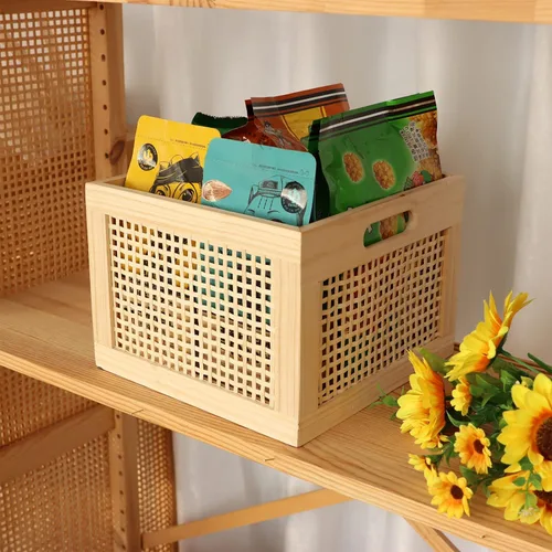 Vista 2 de YAHUAN Caja de Almacenamiento de Madera de Bambú Cubos Organizadores de Almacenamiento Contenedores Decorativos Cesta Cuadrada de Madera Cajas
