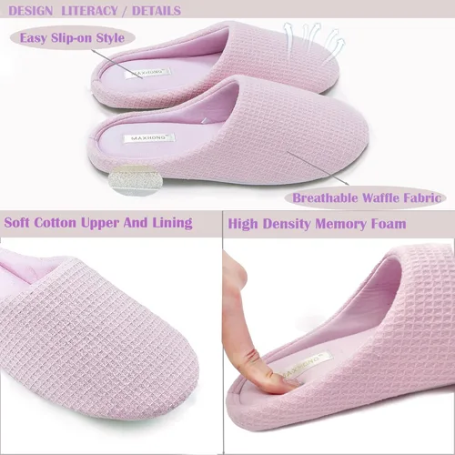 Vista 2 de MAXHONG Pantuflas de casa ligeras de algodón para mujer con espuma viscoelástica, lavables para el hogar, cómodas y acogedoras pantuflas de meter