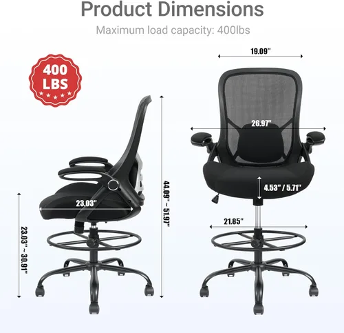Vista 2 de HYLONE Silla de dibujo grande y alta de 400 libras, asiento grueso de 5 pulgadas, silla de oficina alta, reposabrazos abatibles, silla ergonómica