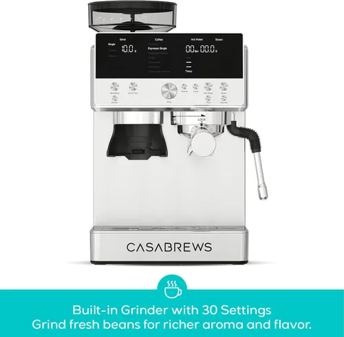 Vista 3 de CASABREWS MARENZA Máquina de café expreso con molinillo integrado y varita Plateado
