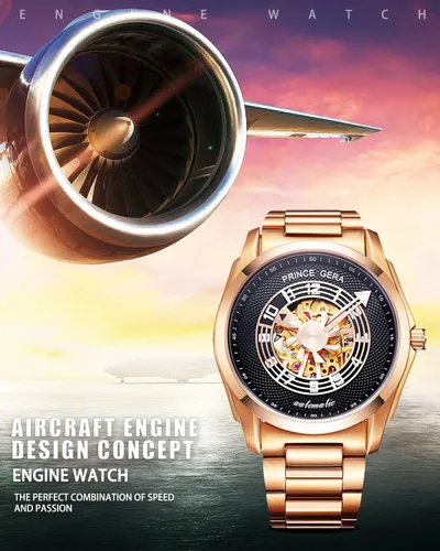 Vista 3 de BINLUN Prince GERA - Reloj de pulsera para hombre, mecánico, de acero inoxidable, impermeable, esqueleto automático, para hombre, serie Aeroengine