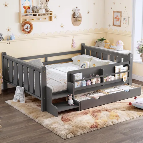 Vista 17 de Cama Montessori de tamaño matrimonial con estantería, cajones de Natural
