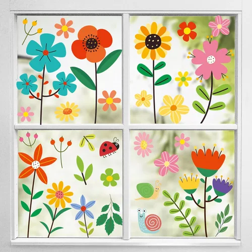 Vista 5 de Pegatinas de primavera para ventanas, flores, plantas, decoración de ventanas, calcomanías estáticas de mariposa para decoración de ventanas