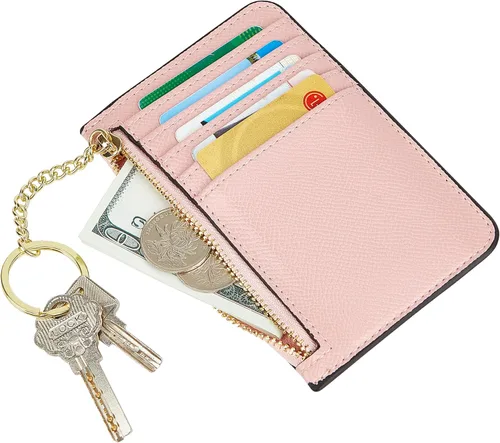 Vista 3 de Cartera de cuero delgada minimalista con cremallera para mujer, con bolsillo frontal y llavero, Rosado, Casual