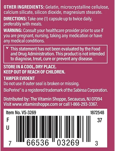 Vista 3 de The Vitamin Shoppe DIM 100MG con pimienta negra Bioperine (60 cápsulas)