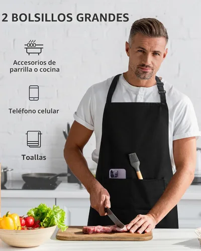 Vista 6 de Syntus Delantal de chef para hombres y mujeres, delantal de cocina con bolsillos, delantales ajustables resistentes a las manchas Negro