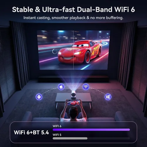 Vista 4 de Mini proyector con WiFi 6 y BT 5.4, aplicaciones integradas 2026 Blanco grisáceo