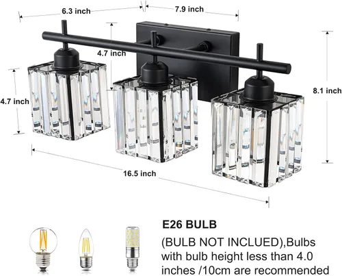 Vista 8 de Modernas luces de tocador de baño de cristal sobre el espejo, accesorios de iluminación de baño negro mate de 3 luces, accesorios de iluminación