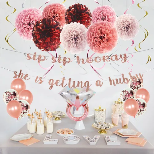 Vista 2 de Decoraciones de despedida de soltera, suministros de despedida de soltera, kit de globos de oro rosa, bandera, remolino, pompones de papel, banda