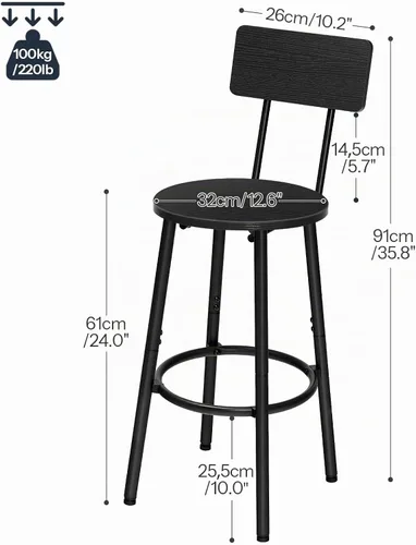 Vista 3 de HOOBRO Taburetes de bar, juego de 2 taburetes de bar redondos con respaldo, sillas de bar de 25.2 pulgadas para isla de cocina, comedor, taburetes