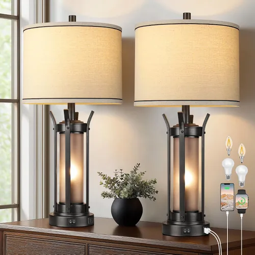 Vista 8 de QiMH - Lámparas de mesa de 26 pulgadas para sala de estar, rústicas, color bronce USB A+C Charging Ports, 4 Bulbs Included, Farmhouse Nightstand