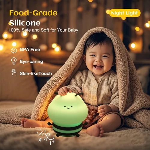 Vista 3 de Luz nocturna de abeja para niños, lámpara blanda, luz nocturna de animales, 3 niveles de brillo, lámpara para niños que cambia de color, lámparas