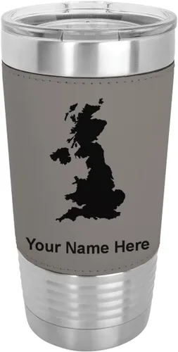 Vista 9 de LaserGram 20oz Vacuum Insulated Tumbler Mug, Country Silhouette United Kingdom, Personalized Engraving Included (Faux Leather, Baseball Style)