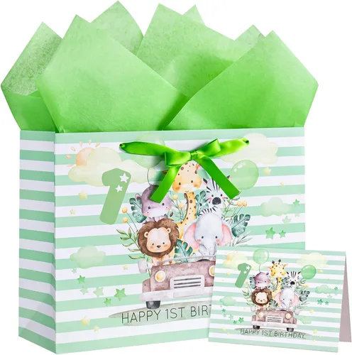 Vista 14 de WRAPAHOLIC Bolsa de regalo grande de 13 pulgadas con tarjeta y papel de seda, adorable bolsa de regalo de elefante para bebé, baby shower, fiesta