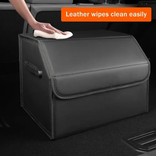 Vista 7 de Organizador de maletero, organizadores y almacenamiento de automóviles, caja de almacenamiento de cuero negro con tapa, tablero de fibra, plegable