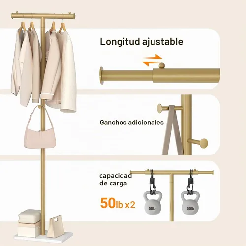 Vista 5 de ELYKEN Perchero independiente con base de mármol natural, ancho ajustable en forma de T, árbol de metal con 2 ganchos, moderno perchero