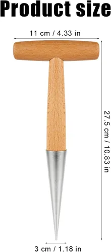 Vista 2 de XIHIRCD Dibber de mano con mango de madera, herramienta de jardinería Dibbler de acero inoxidable, perforador de agujero de cabeza de mano, maceta
