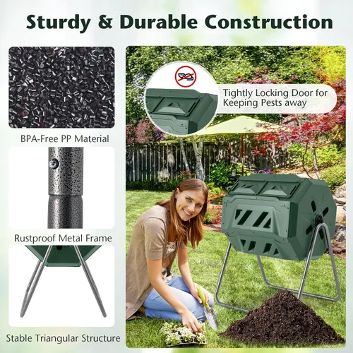 Vista 6 de Goplus Contenedor de compostaje de doble cámara para exteriores de 42 galones con 2 puertas corredizas, marco de metal resistente, compostador