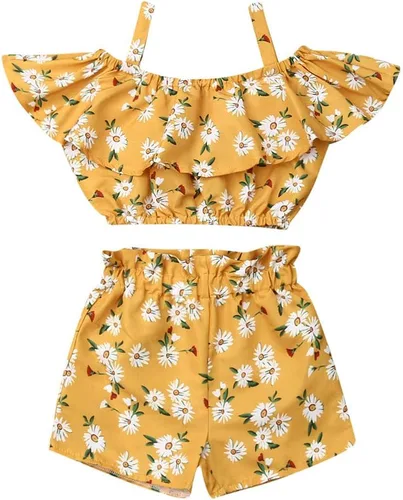 Vista 13 de Conjunto de 2 piezas de ropa con volantes y cuello halter floral para niños pequeños