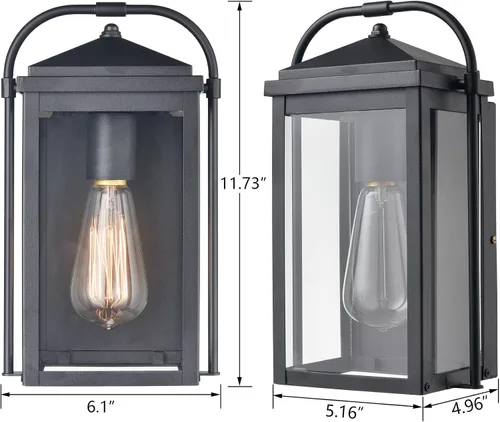 Vista 7 de Lámpara de pared exterior antioxidante negra – Farol de pared impermeable de cristal transparente para exteriores, patio, porche, garaje, puerta