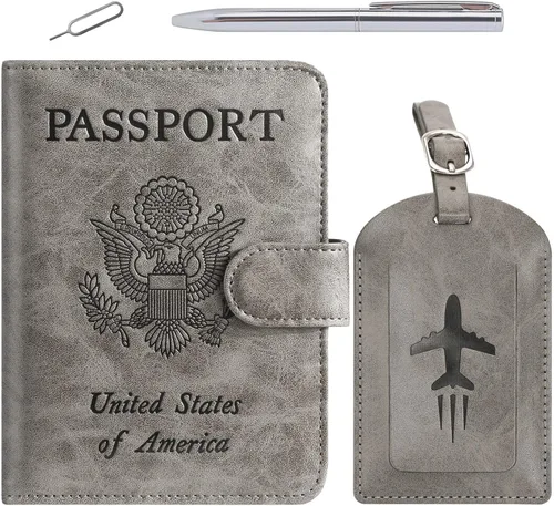 Vista 11 de Funda para pasaporte, cartera con bloqueo RFID, funda de piel para tarjetas, accesorios de viaje para mujeres y hombres, negro