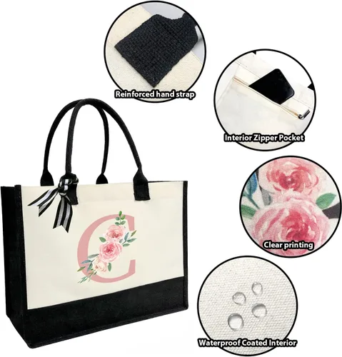 Vista 4 de DEEZOMO Initial Canvas Tote Bag for Women, Beach Bag with Inner Zipper Pocket Personalized Gifts for Wedding, Birthday