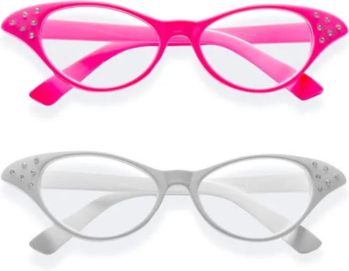 Vista 4 de Disfraz retro de ojo de gato rosa y blanco con diamantes de imitación de hip hop paquete de 2 1 rosa y 1 blanco