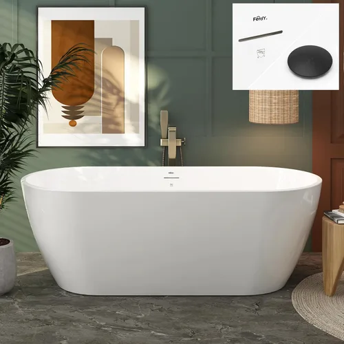 Vista 34 de FerdY Bañera independiente de acrílico Bali de 47 pulgadas, bañera independiente con forma elegante, certificado cUPC, drenaje dorado cepillado