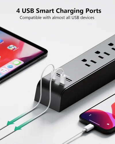 Vista 5 de Paquete de 2 cables de extensión de 10 pies con múltiples tomas, regleta protectora de sobretensiones con 6 tomas, 4 puertos USB, enchufe plano