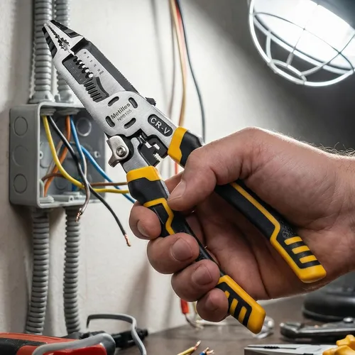 Vista 9 de Herramienta pelacables 8 en 1, alicates de electricista multifunción CR-V de 9 pulgadas, ideal para pelar, cortar, engarzar y sujetar cables. Agarre