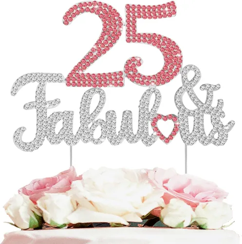 Vista 19 de 25 y fabulosa decoración de pastel de diamantes de imitación dorados y rosados – Feliz cumpleaños 25 años saluda a 25 años de edad, decoración