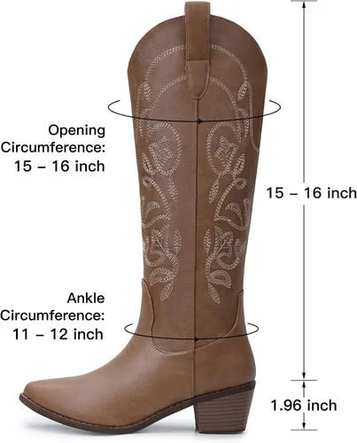 Vista 7 de SHIBEVER Botas vaqueras vaqueras para mujer Botas hasta la rodilla para mujer, botas occidentales bordadas con tacón grueso y ancho de pantorrilla