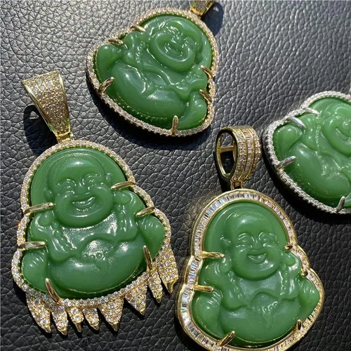 Vista 3 de Collar con colgante de jade verde con diseño de buda sonriente y sonriente de jade hecho a mano de 0.118in 23.6in